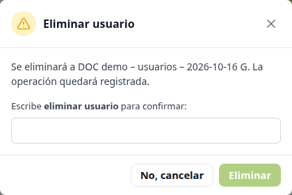 Confirmación para eliminar un usuario, todavía sin la frase