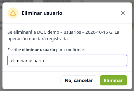 Frase eliminar usuario escrita y botón Eliminar disponible